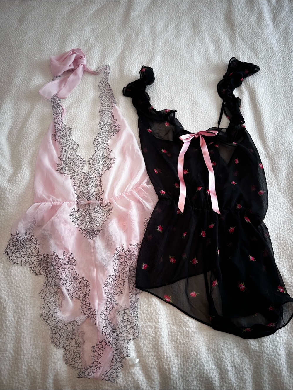 Victoria Secret Bundle of Sheer Pink Lace and Black Floral Romper Set nightie - Picture 8 of 13